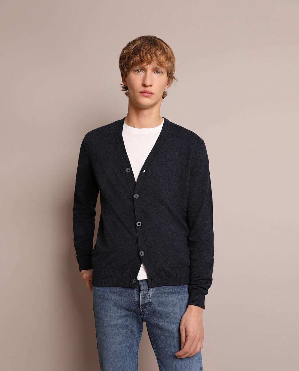 Cardigan com Gola em V e Fecho de Botões Azul-marinho-1