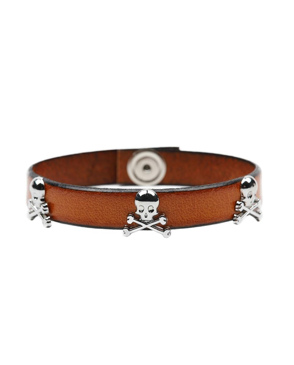 Pulseira de Pele com Caveiras Metálicas Castanho-2