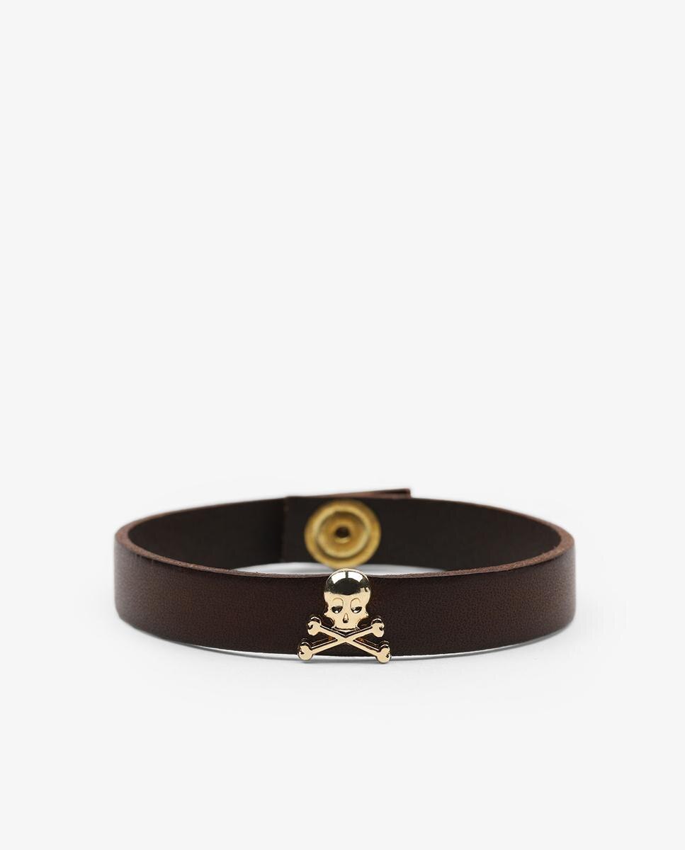 Pulseira de Pele com Caveira Metálica Castanho-escuro-1
