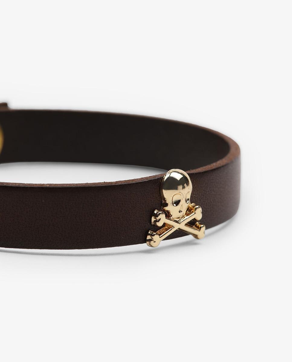 Pulseira de Pele com Caveira Metálica Castanho-escuro-2