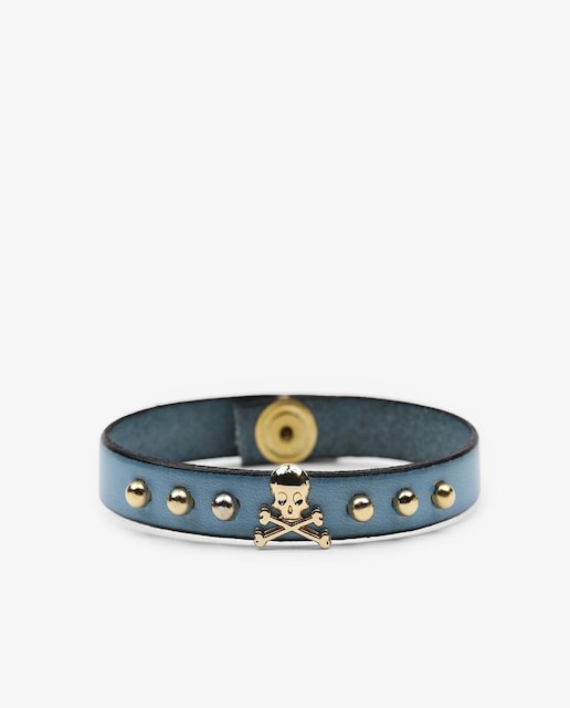 Imagem 0 de Pulseira de Pele em Azul com Caveira Metálica e Tachas