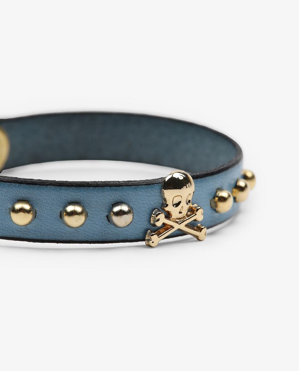 Pulseira de Pele em Azul com Caveira Metálica e Tachas Azul-2
