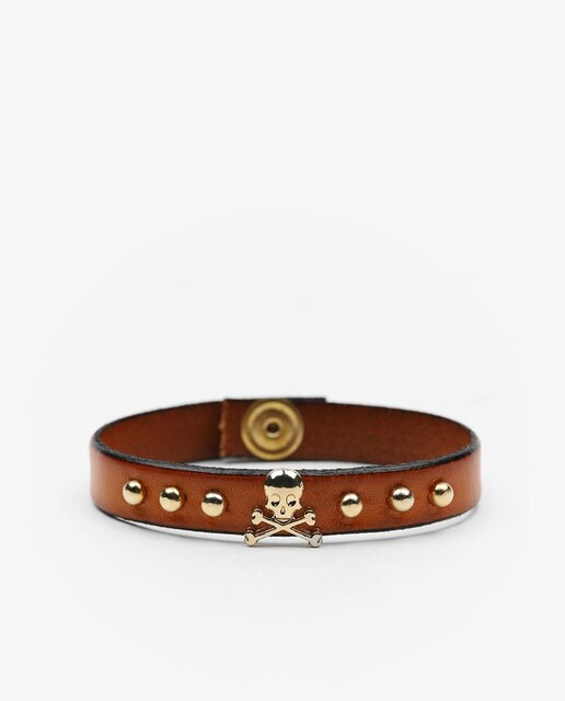 Imagem 0 de Pulseira de Pele em Castanho com Caveira Metálica e Tachas