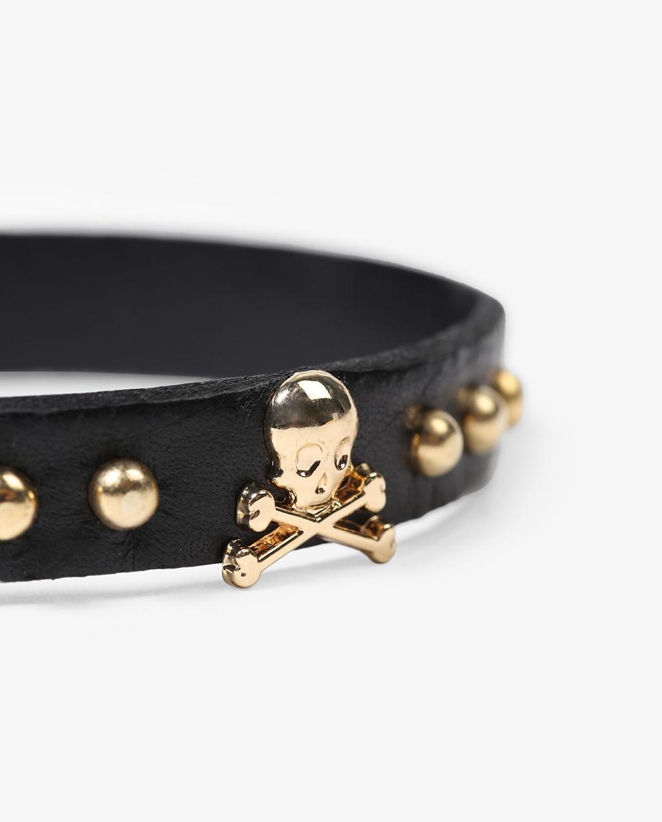 Pulseira de Pele em Preto com Caveiras Metálicas e Tachas Preto-2