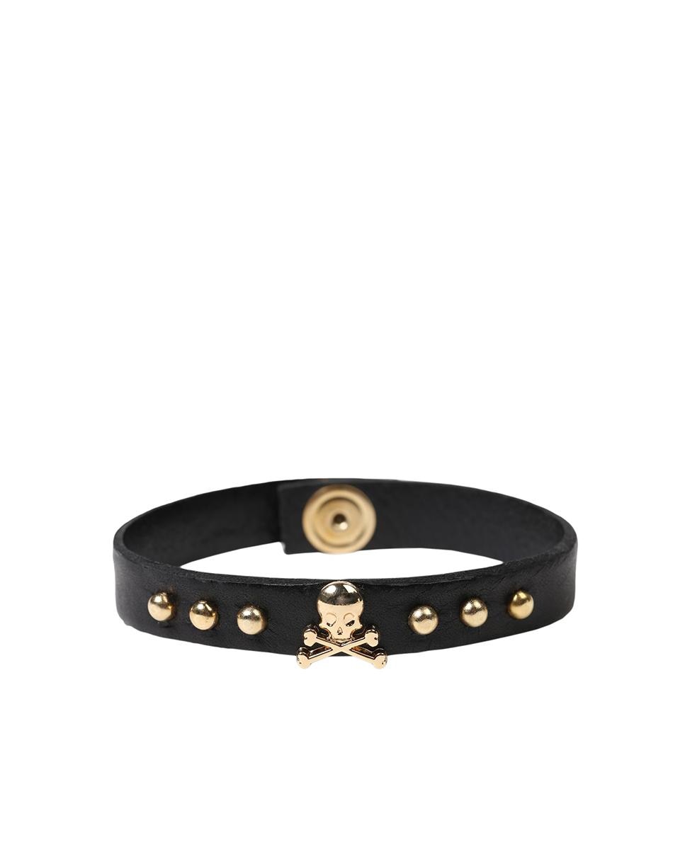 Pulseira de Pele em Preto com Caveiras Metálicas e Tachas Preto-3