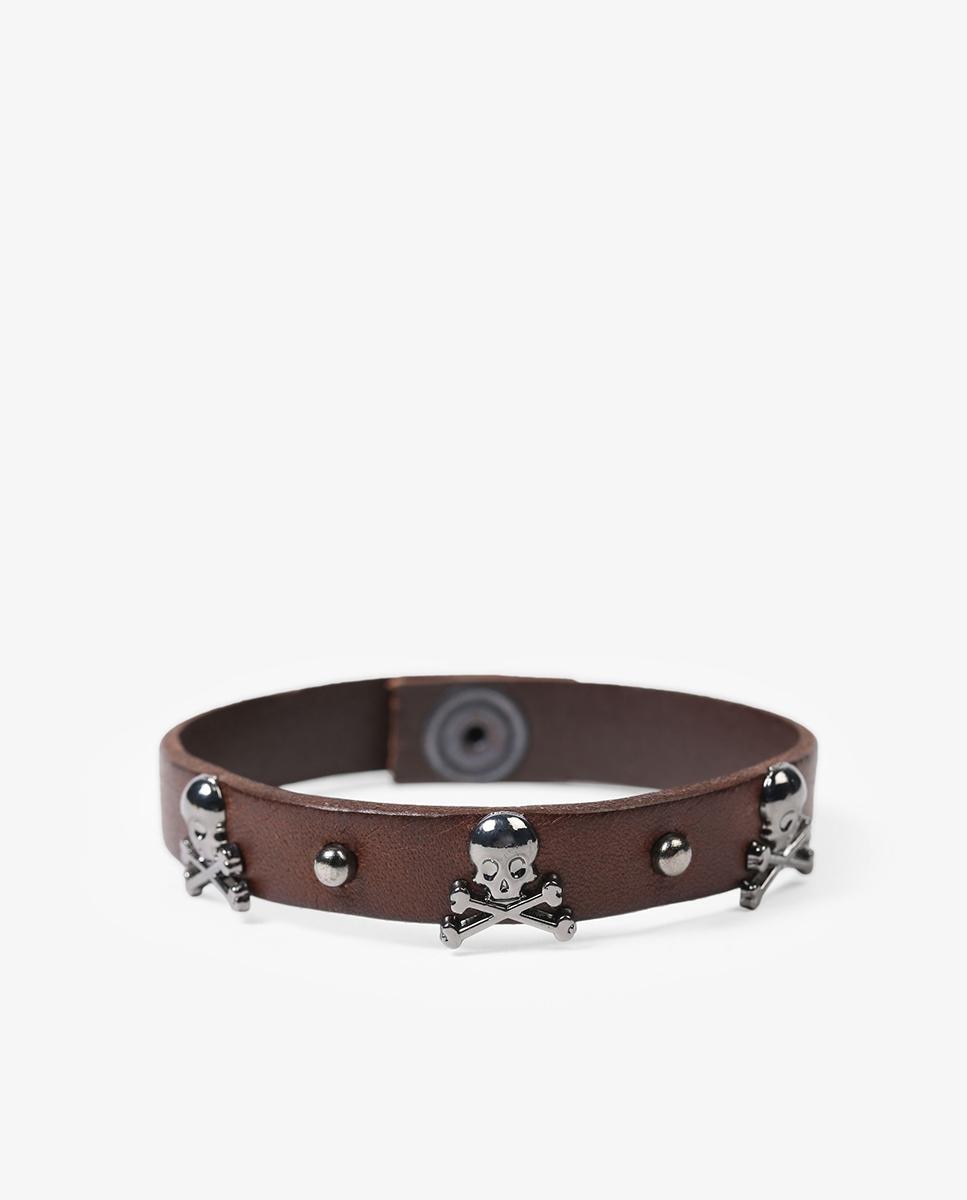 Pulseira de Pele em Castanho com Caveira Metálica e Tachas Castanho-1