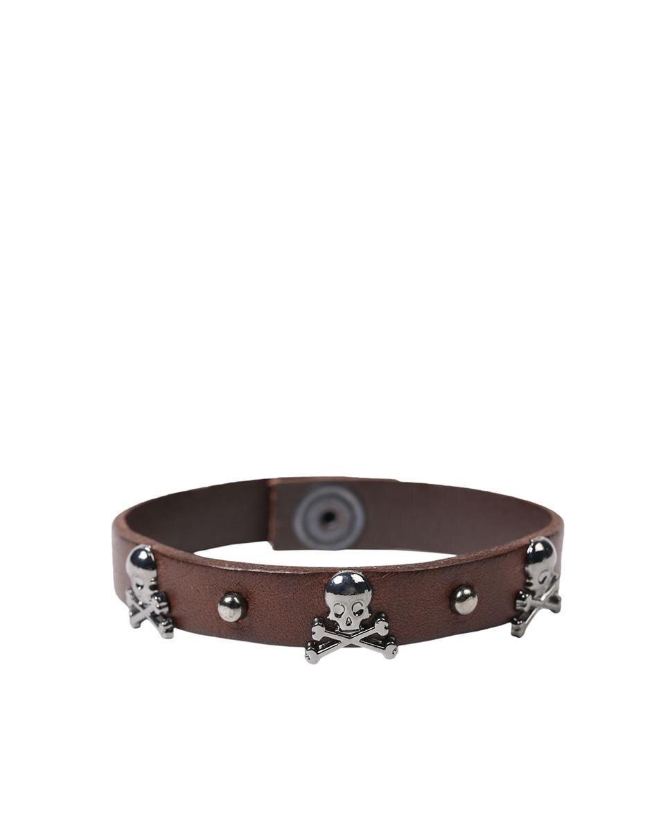 Pulseira de Pele em Castanho com Caveira Metálica e Tachas Castanho-2