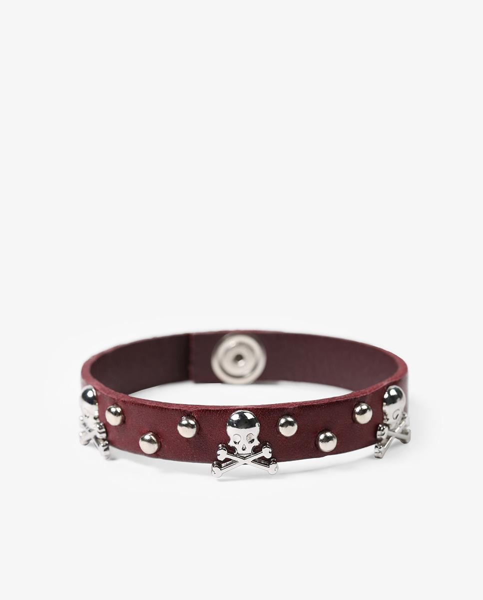 Pulseira de Pele em Castanho com Caveira Metálica e Tachas Castanho-3