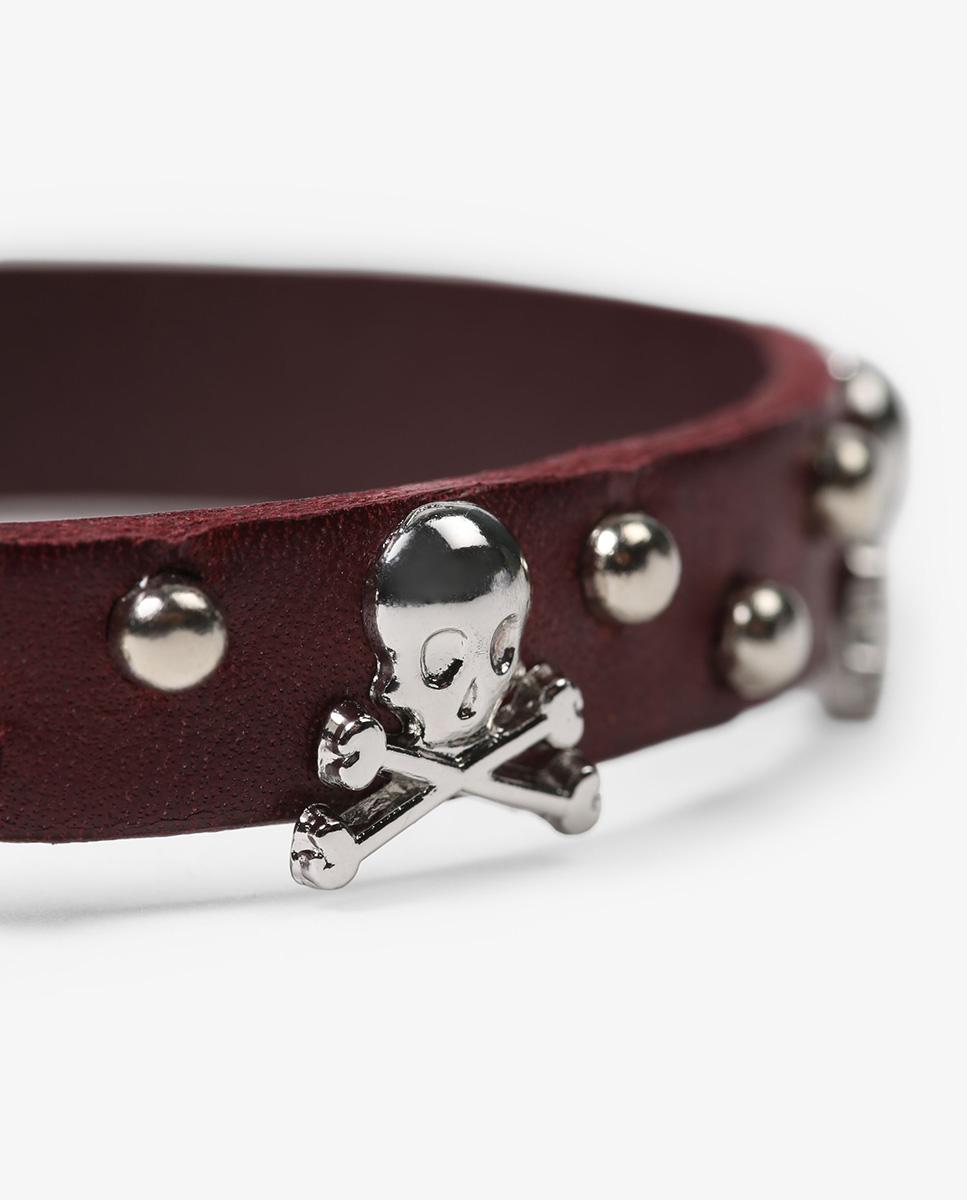 Pulseira de Pele em Castanho com Caveira Metálica e Tachas Castanho-4