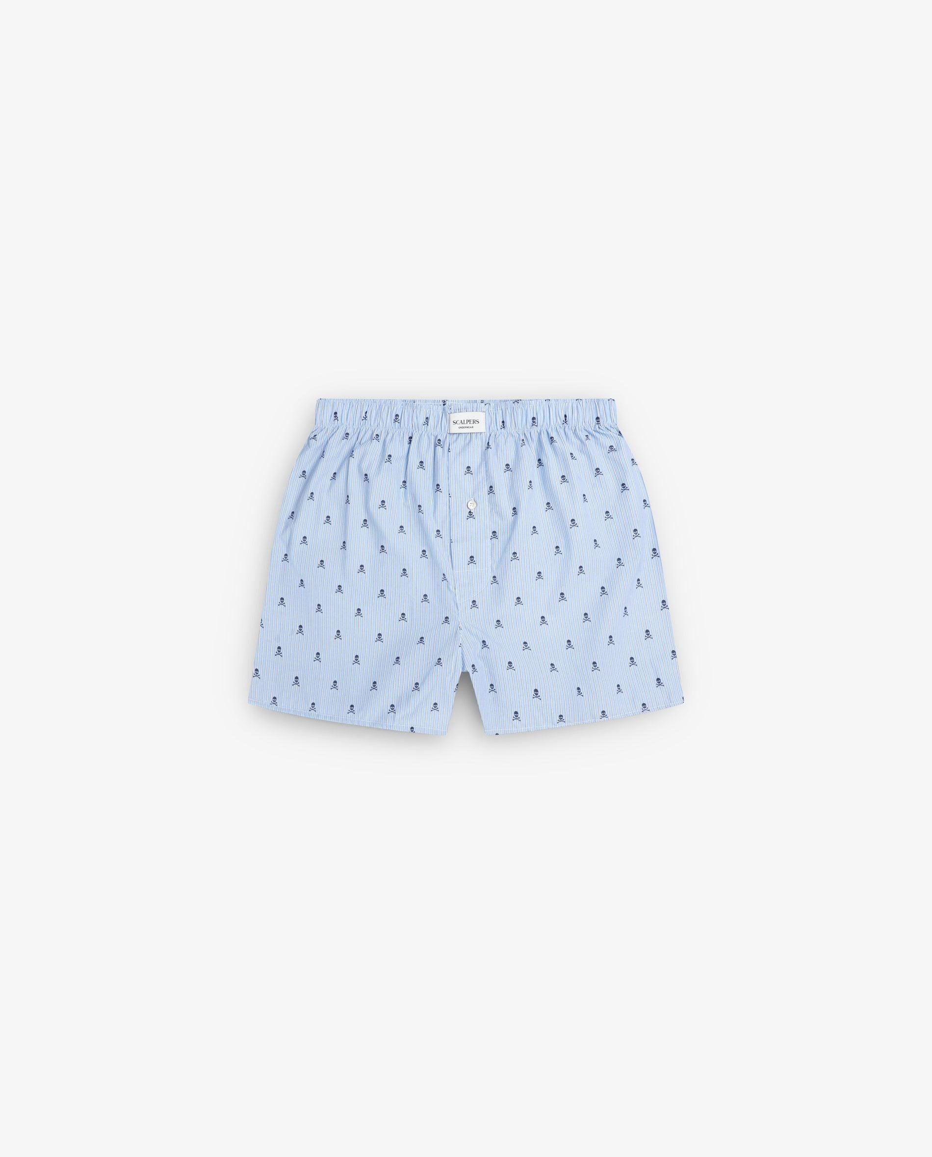 Boxer de Tecido com Padrão Às Riscas e Estampado de Caveiras Azul-1
