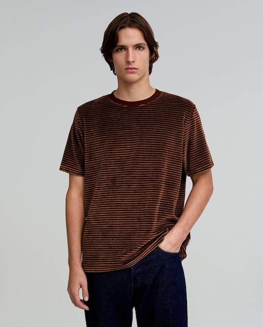 Imagem 0 de T-shirt com Gola em Malha Rib e Estampado às Riscas