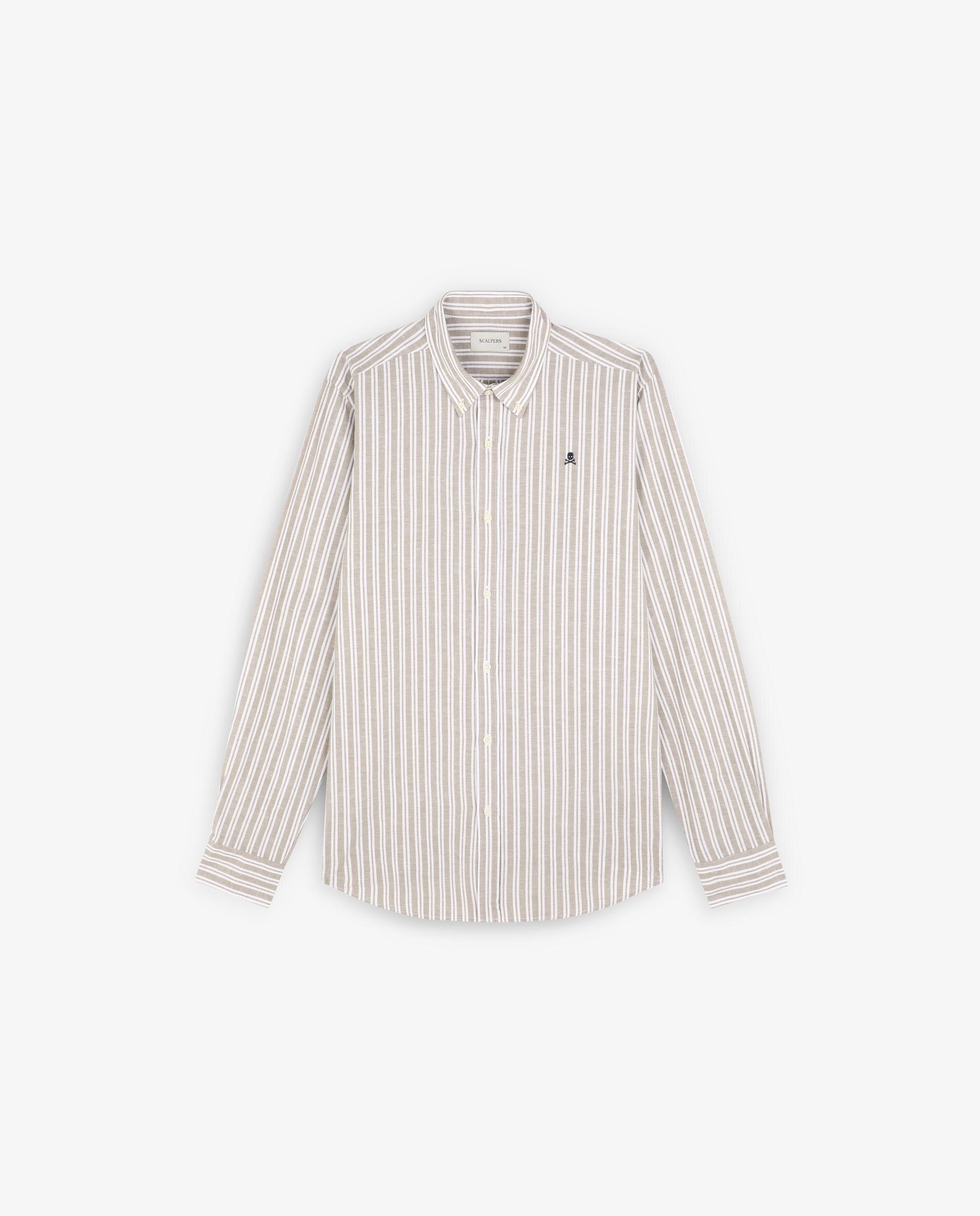 Camisa às Riscas com Gola Abotoada Caqui-1