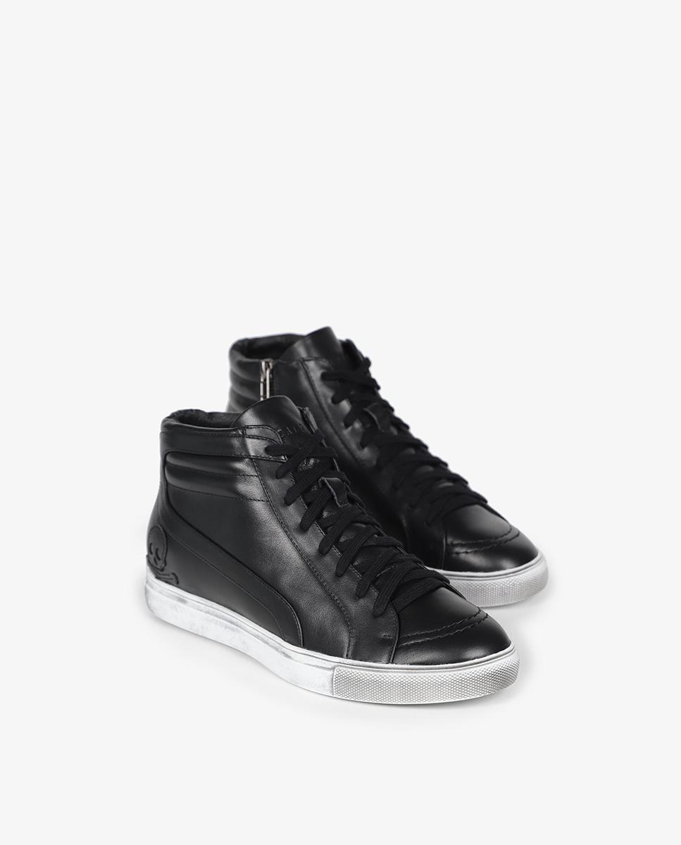 Sapatilhas de Pele Tipo Bota em Preto Preto-2