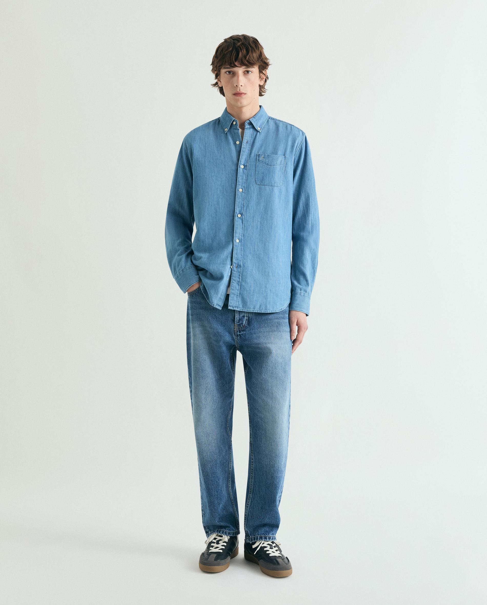 Camisa de Ganga Regular com Bolso Azul-2