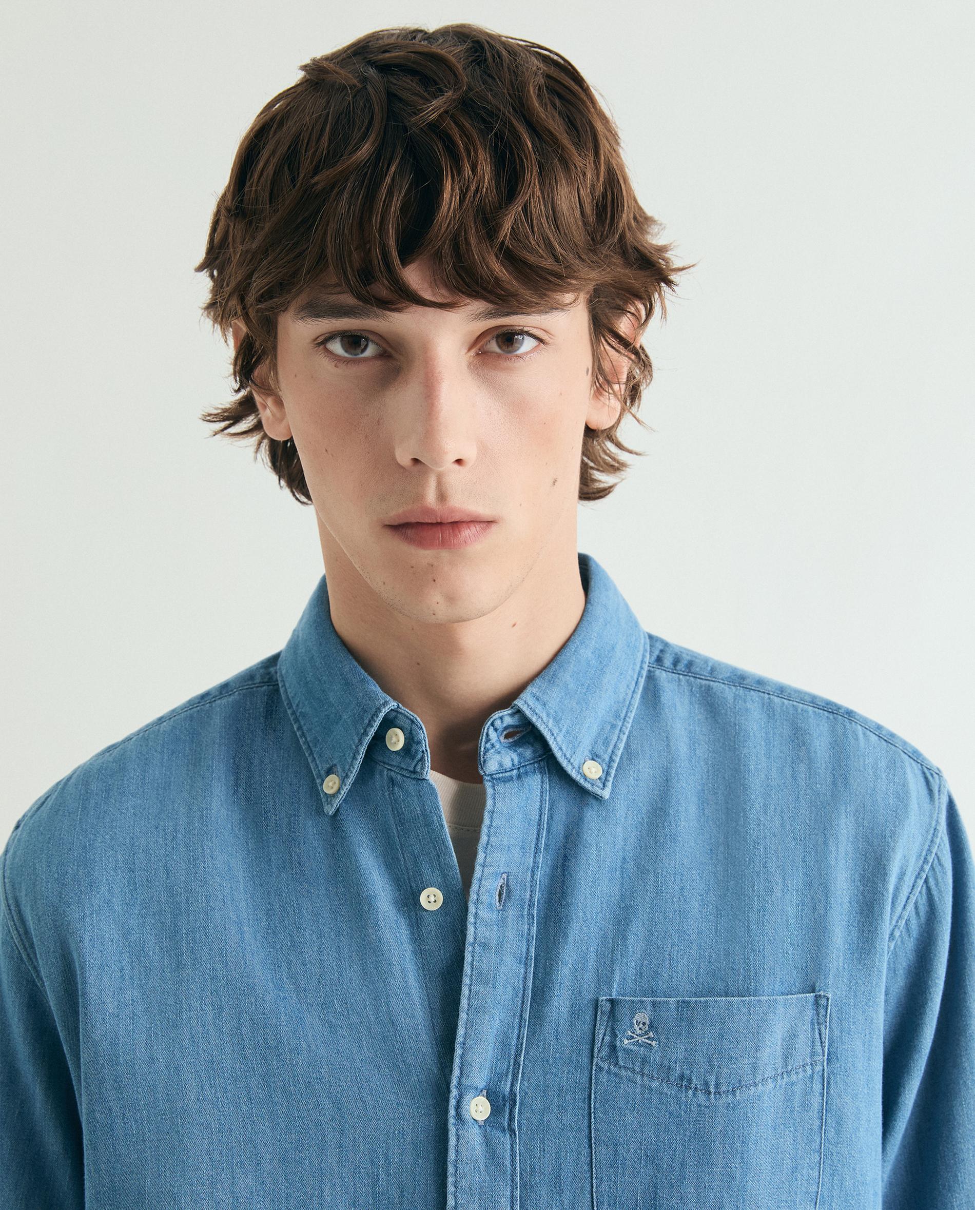 Camisa de Ganga Regular com Bolso Azul-4