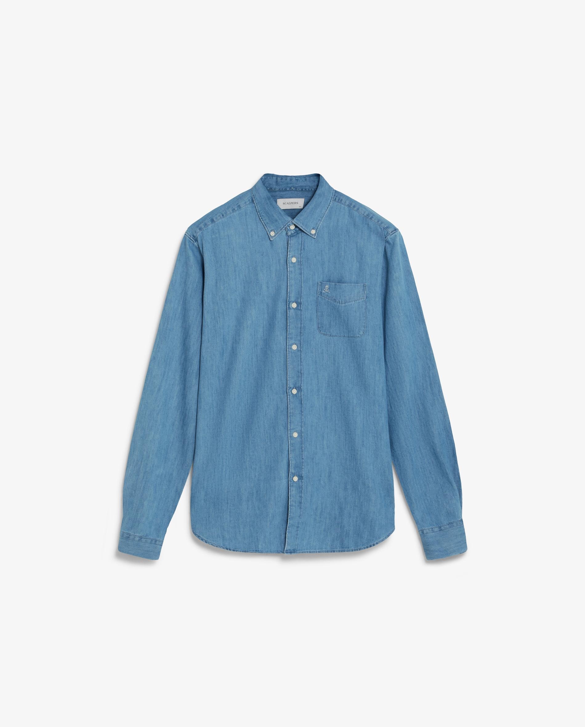 Camisa de Ganga Regular com Bolso Azul-5