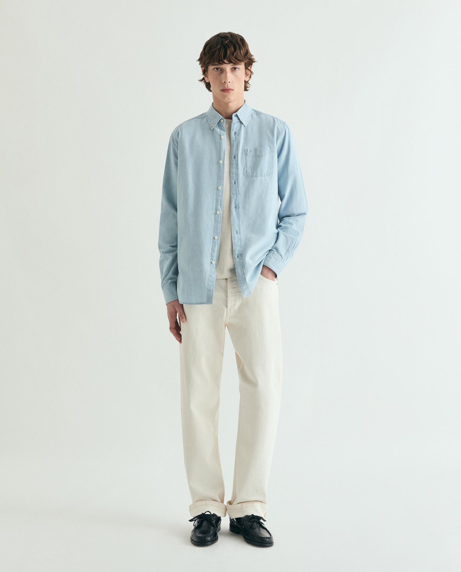 Camisa de Ganga Regular com Bolso Azul-claro-2