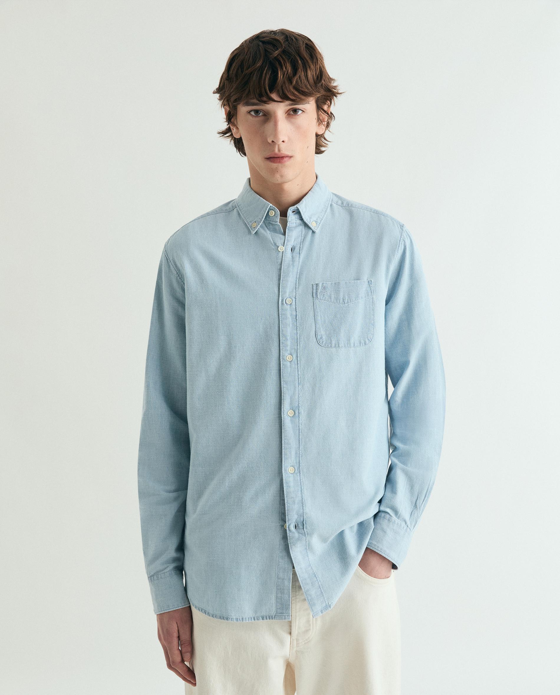 Camisa de Ganga Regular com Bolso Azul-claro-4