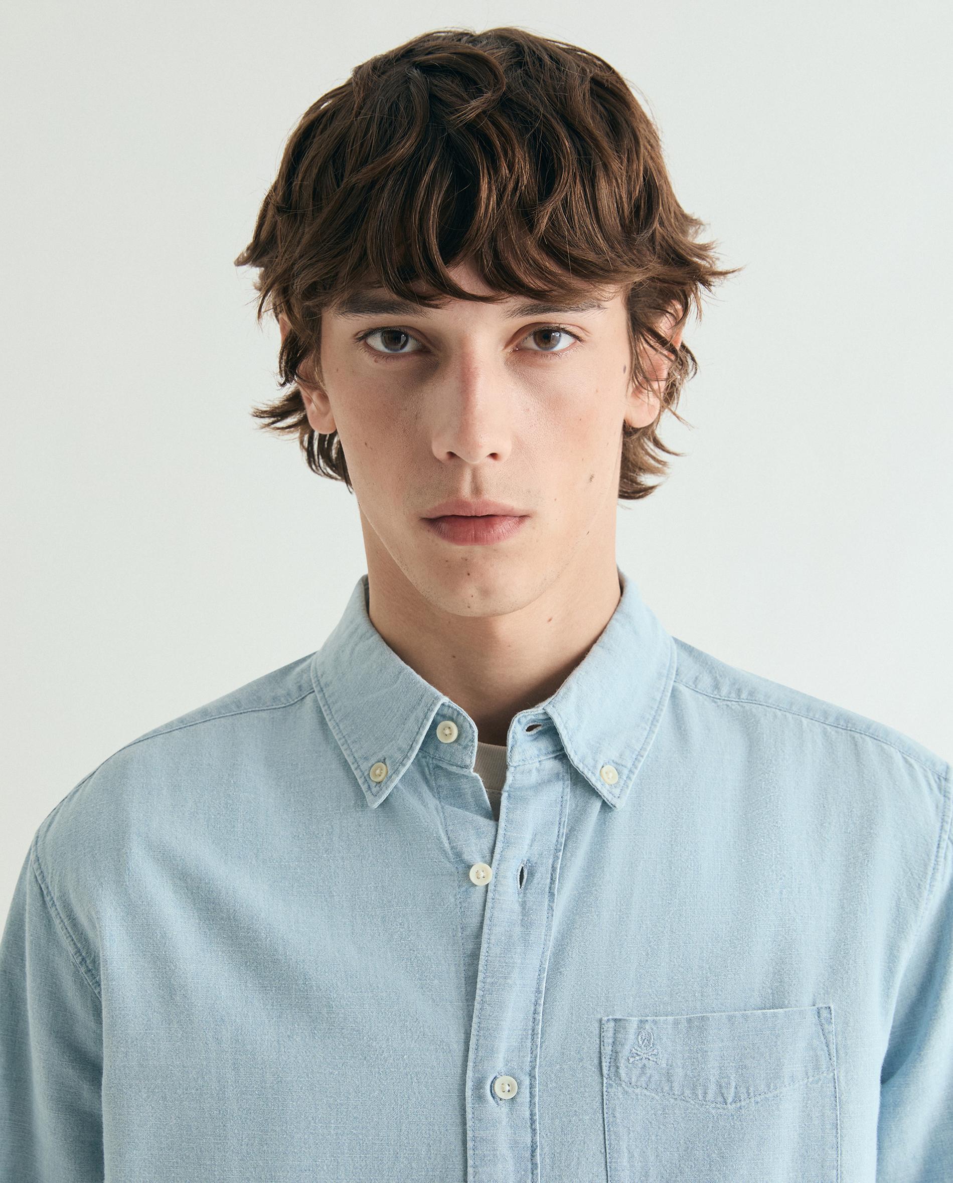 Camisa de Ganga Regular com Bolso Azul-claro-5