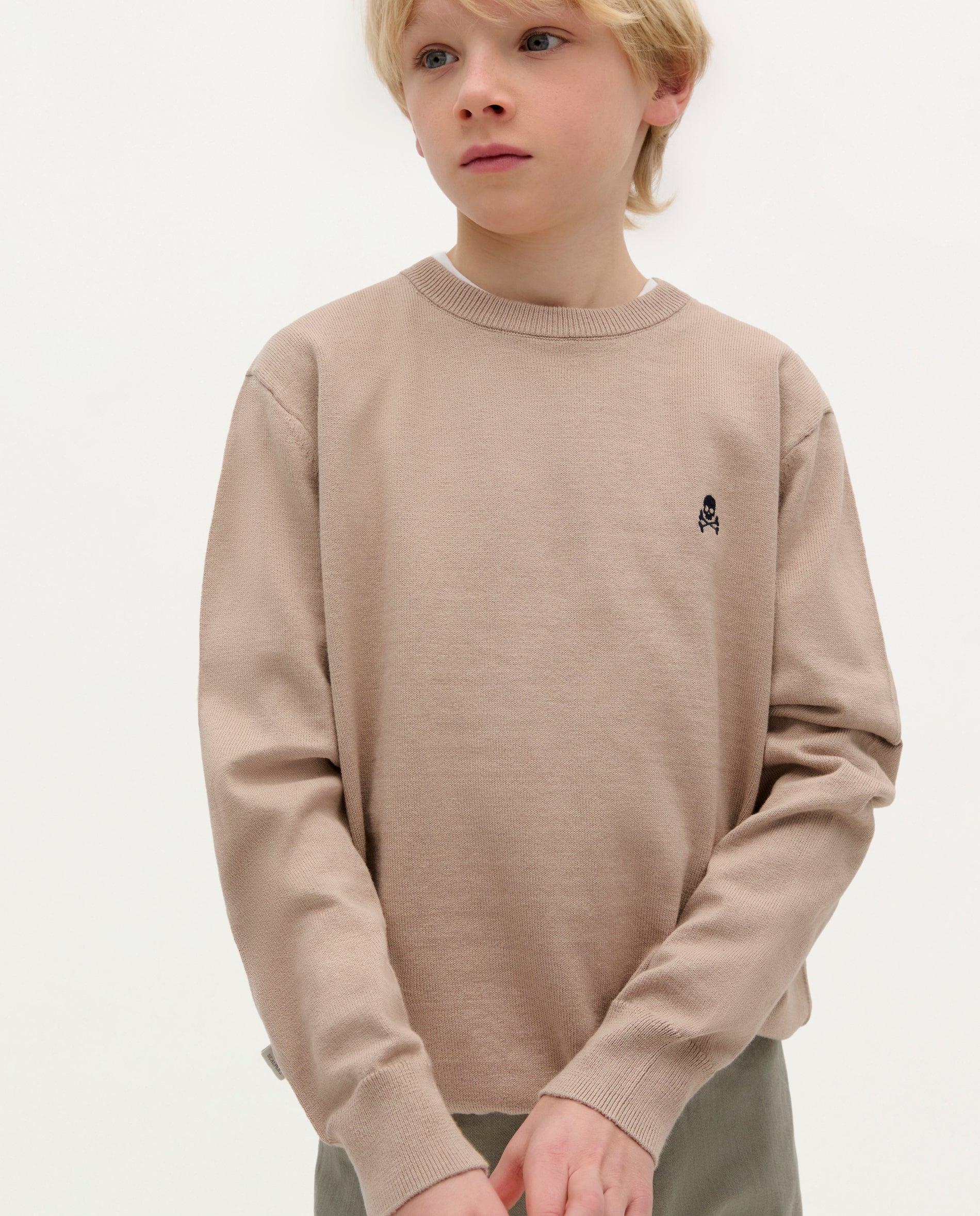 Camisola Infantil com Gola Redonda e Caveira Bordada Scalpers Taupe-1
