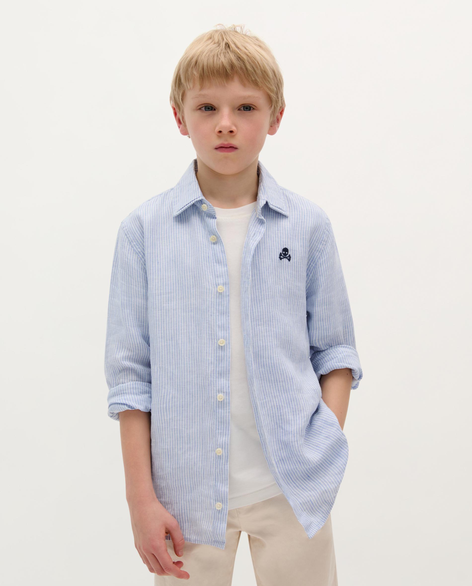 Camisa Infantil de Linho com Caveira Bordada Scalpers Azul-1