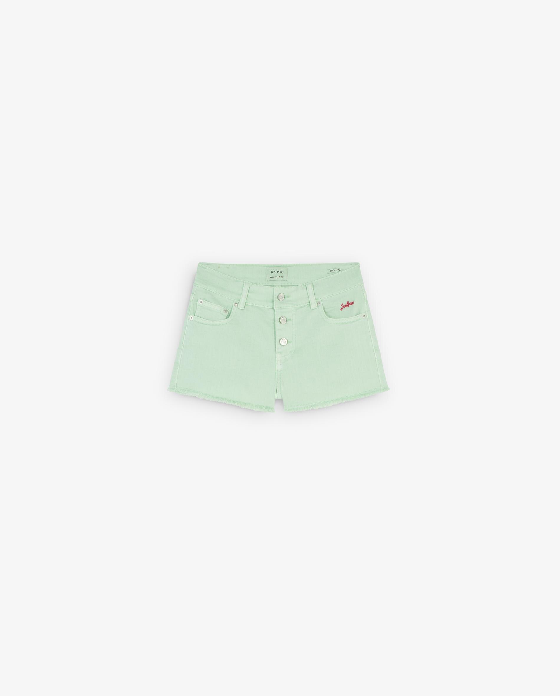 Calções Infantil com Fecho de Botões e Bainha Desfiada Verde-menta-4