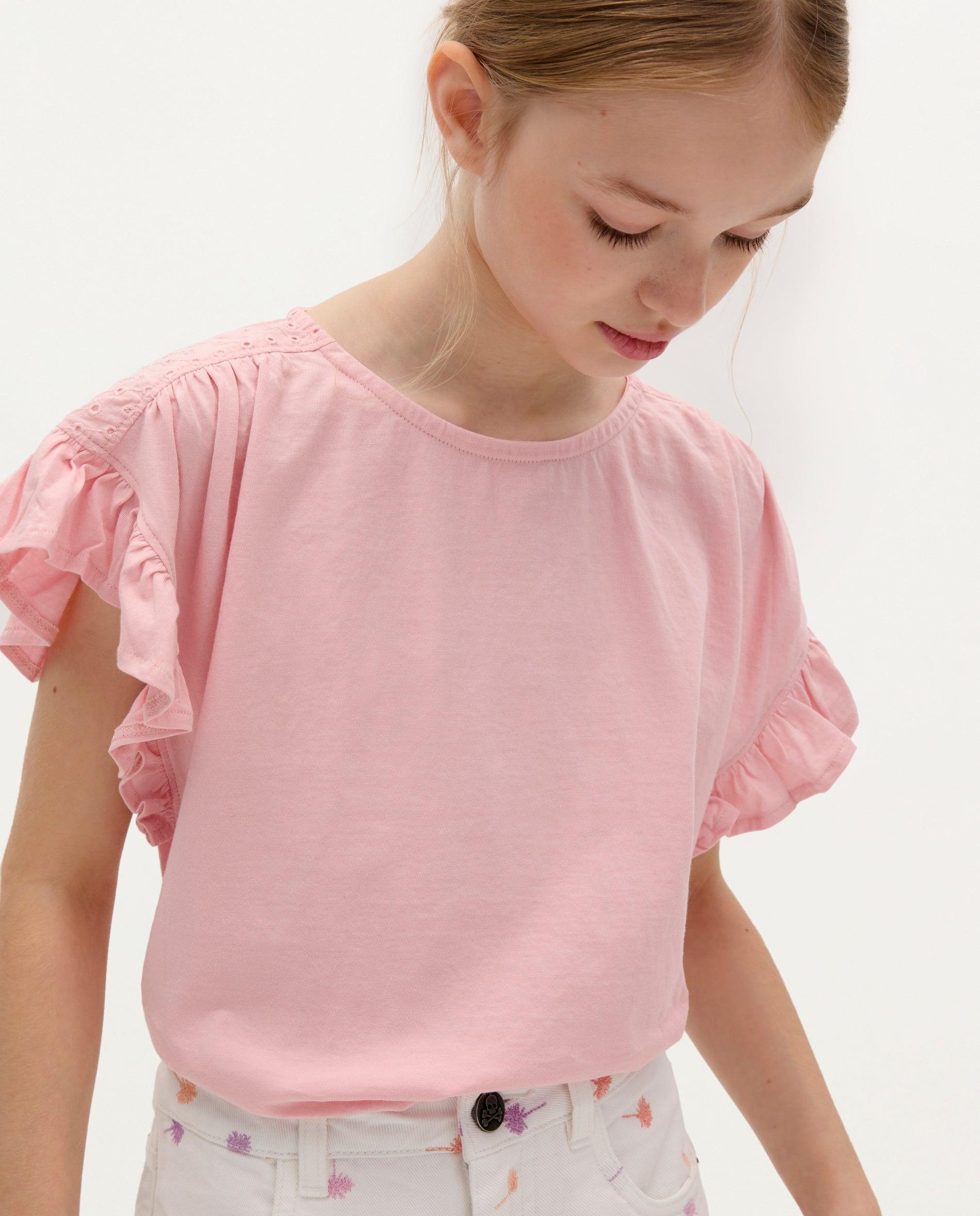 T-shirt Infantil de Algodão com Detalhe de Folhos Rosa-1