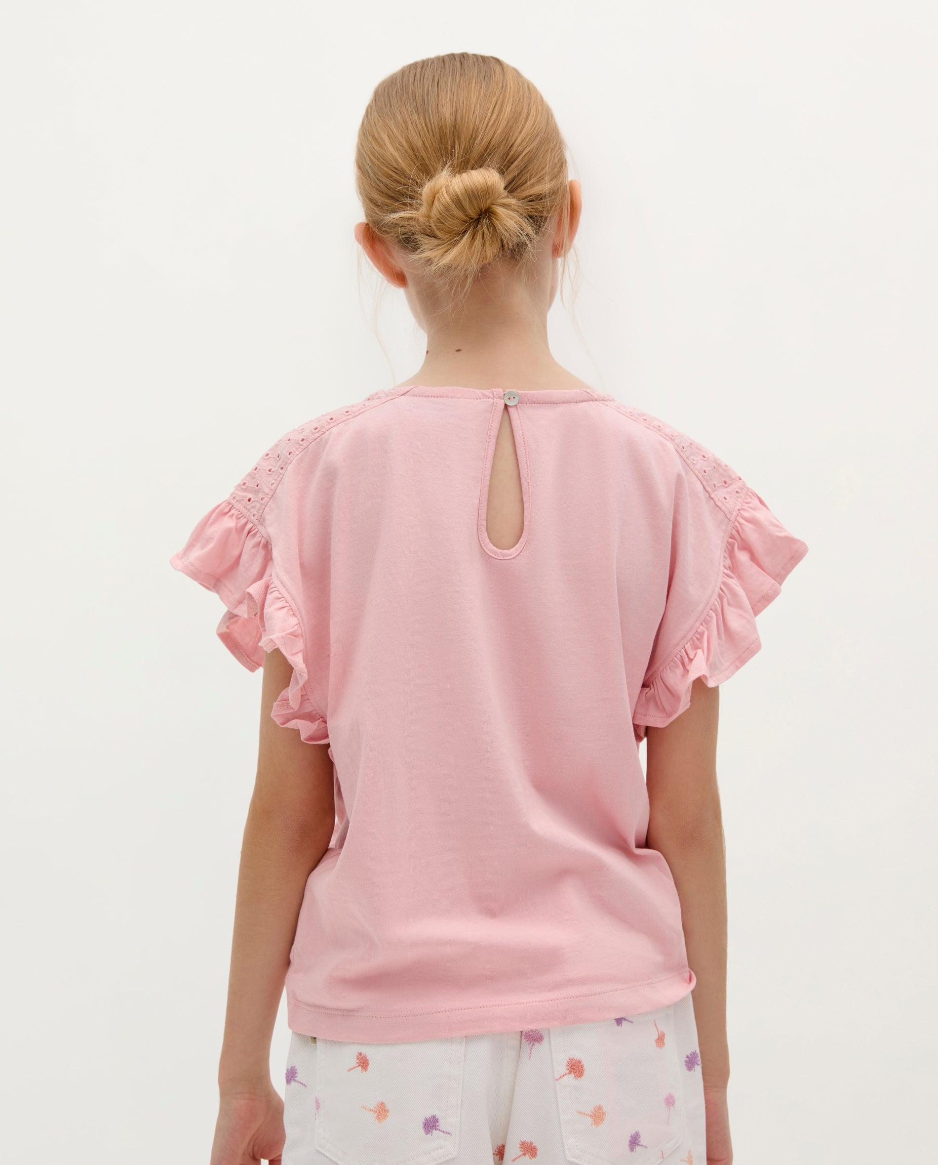 T-shirt Infantil de Algodão com Detalhe de Folhos Rosa-2