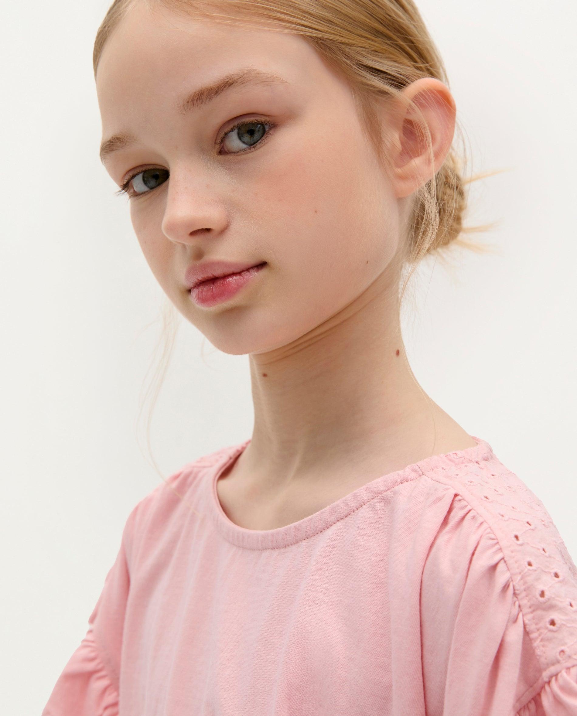 T-shirt Infantil de Algodão com Detalhe de Folhos Rosa-3