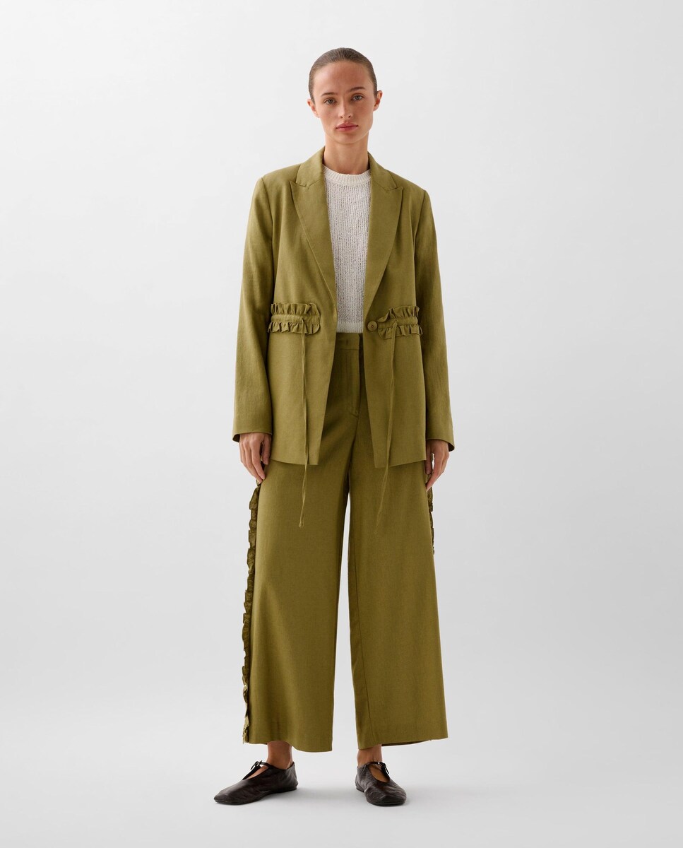 Calças Culotte com Detalhe de Folhos e Fecho com Gancho Caqui-1