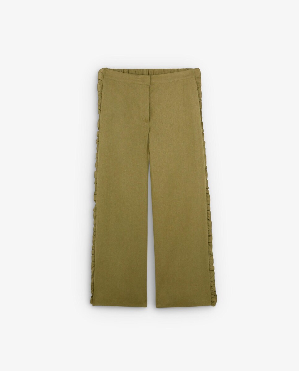 Calças Culotte com Detalhe de Folhos e Fecho com Gancho Caqui-4