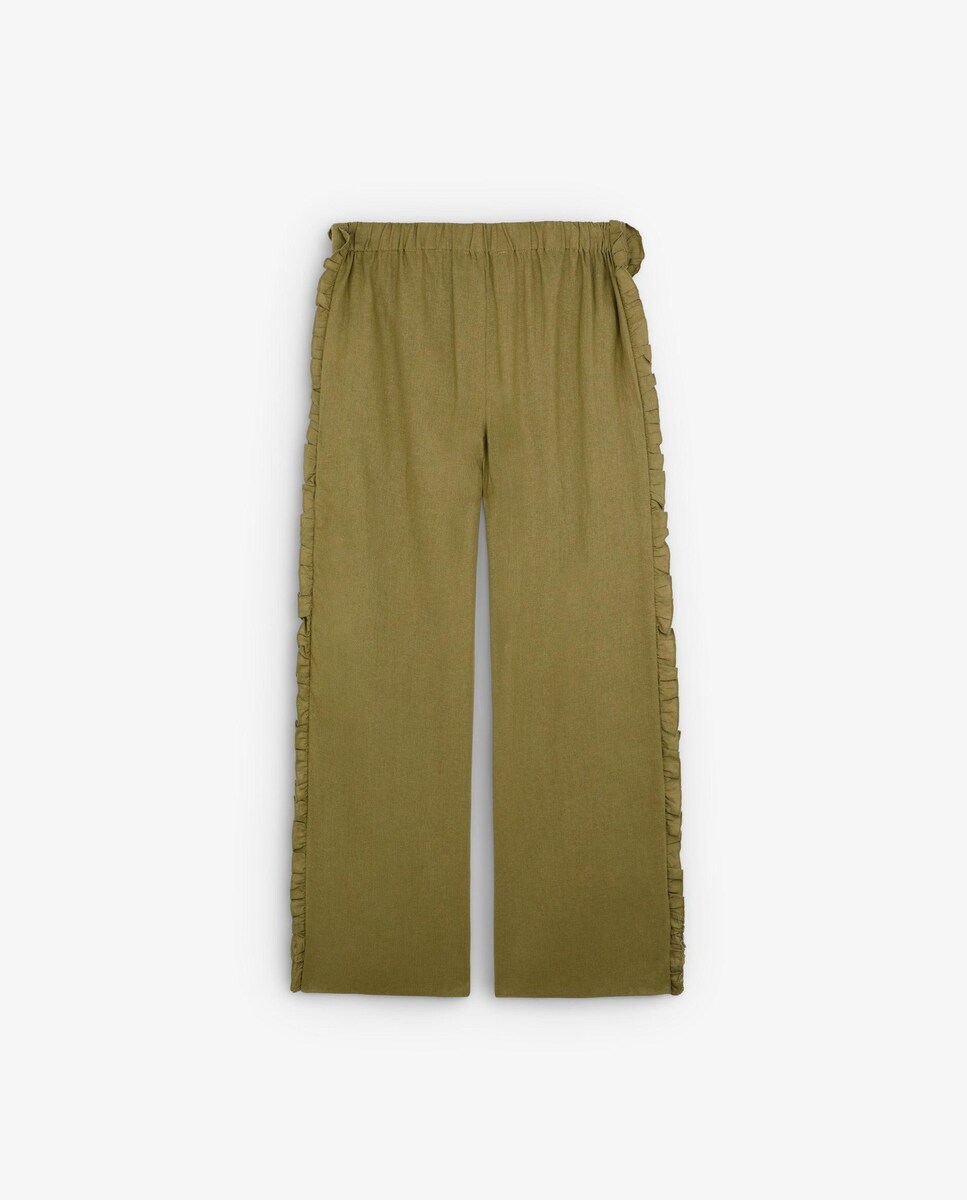 Calças Culotte com Detalhe de Folhos e Fecho com Gancho Caqui-5