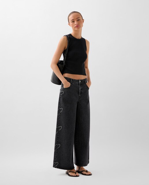 Imagem 0 de Jeans com Corte a Direito de Algodão com Tachas
