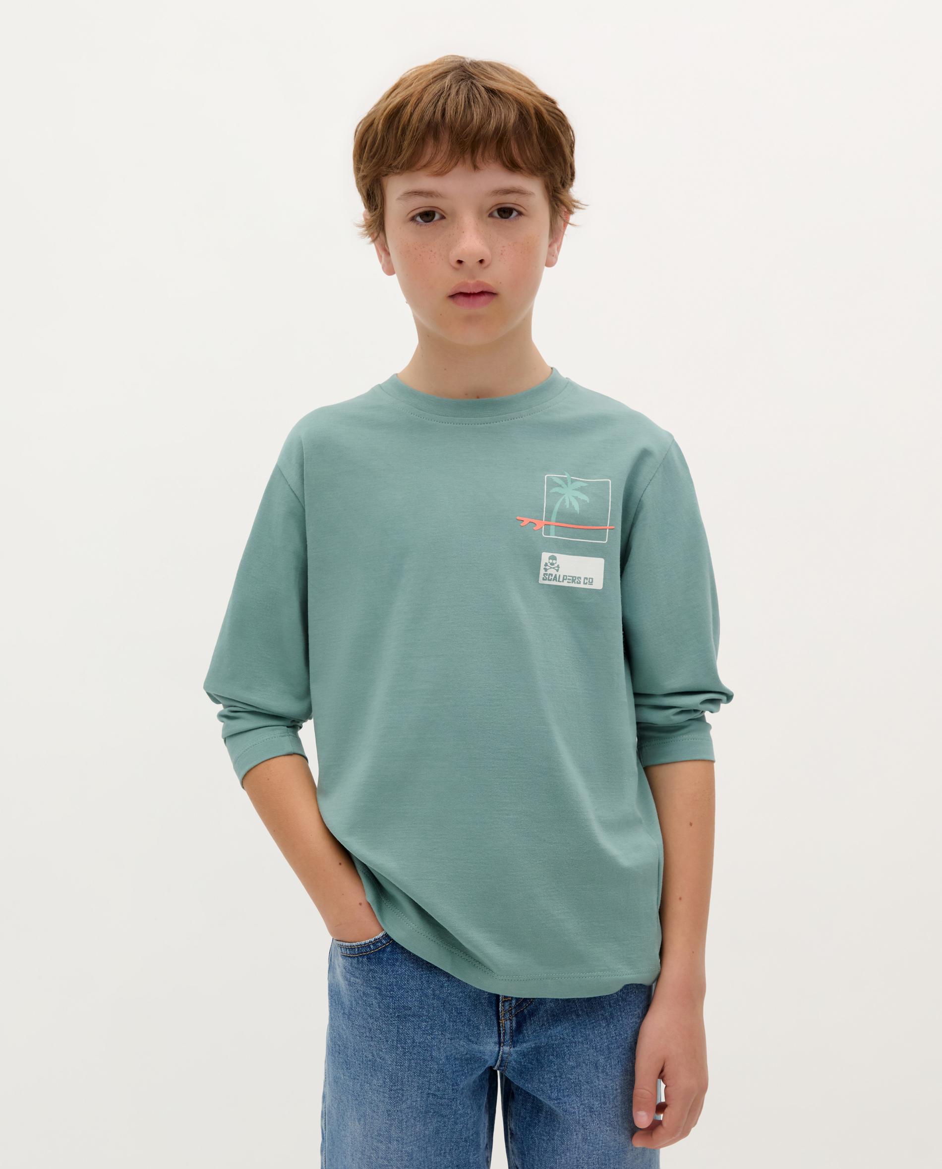 T-shirt Infantil de Algodão de Manga Comprida Verde-azulado-1