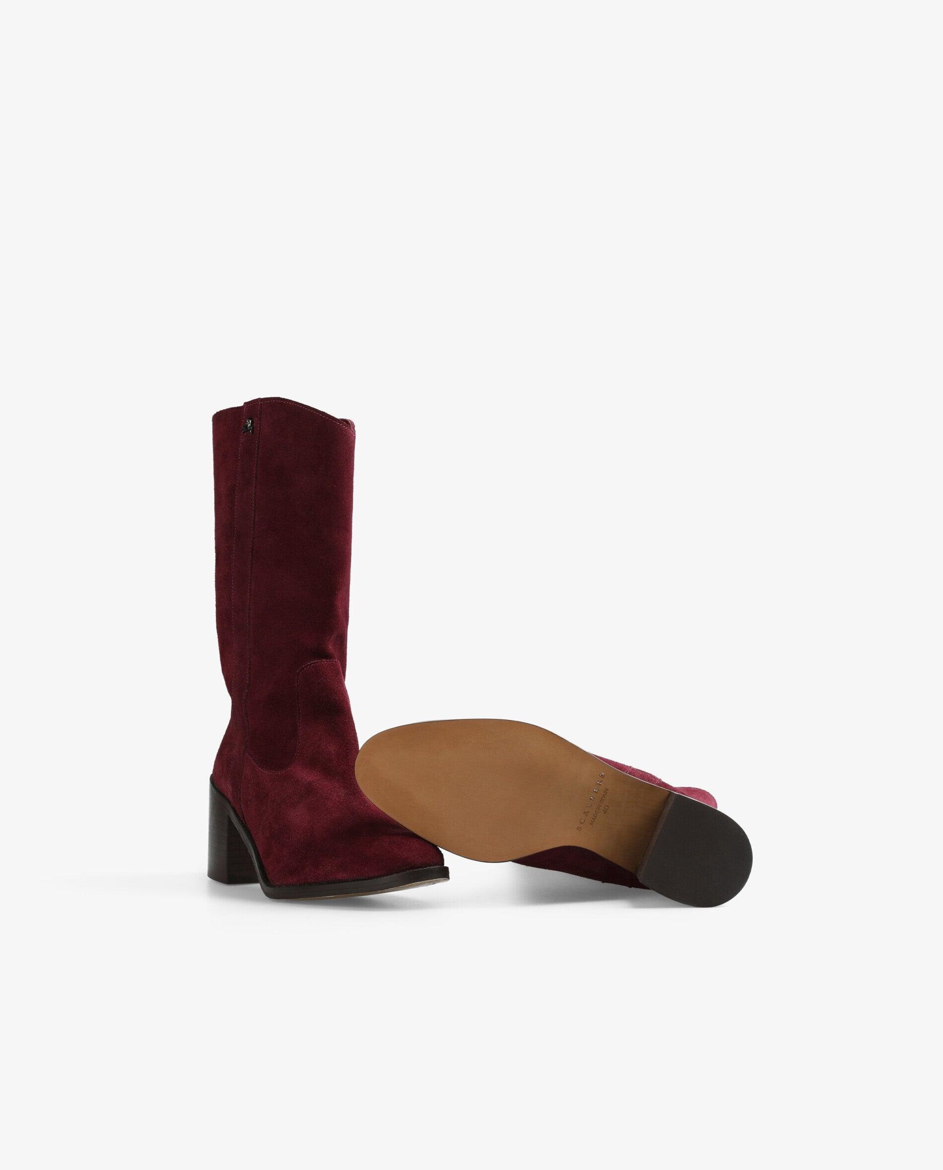 Botas Básicas de Pele com Salto Bordeaux-4