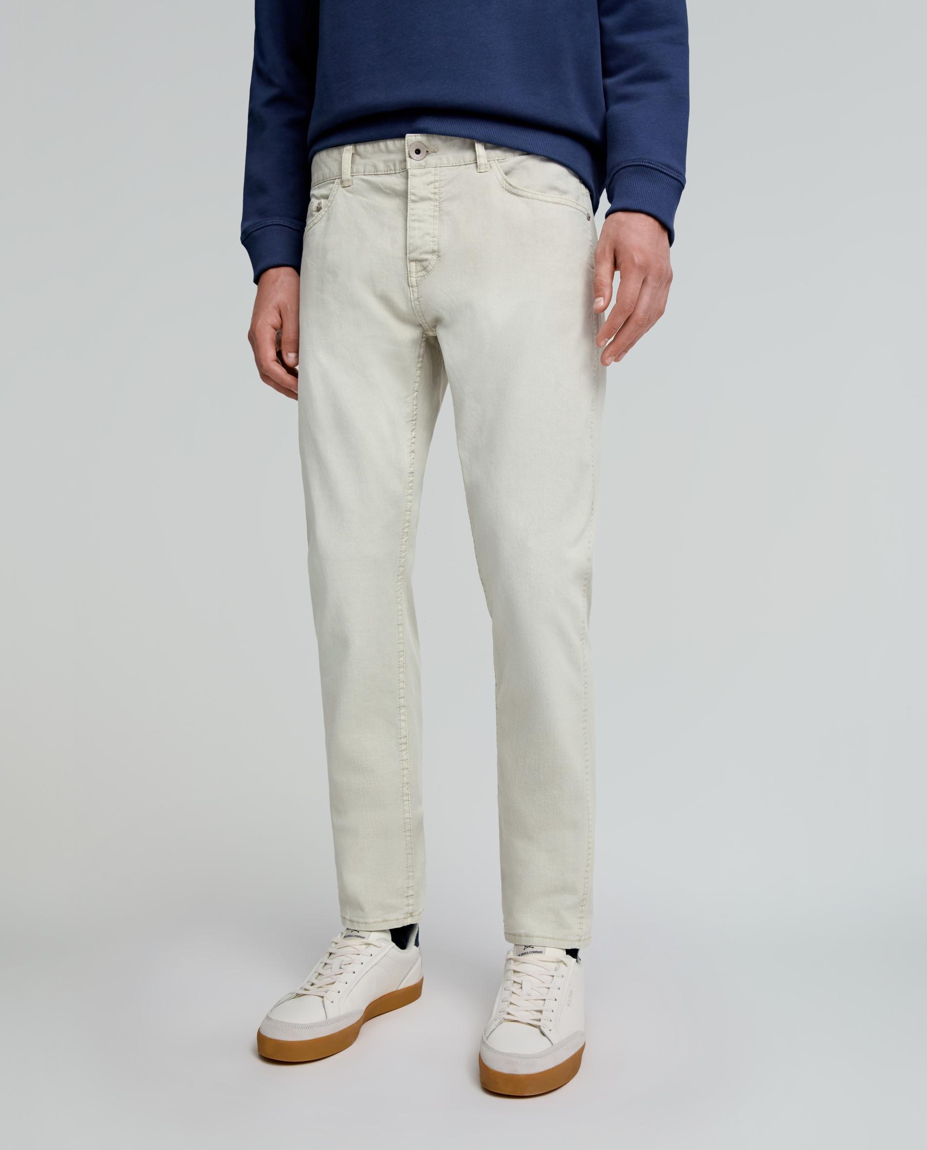 Jeans Slim de Algodão com Fecho Zip e Botão Bege-3