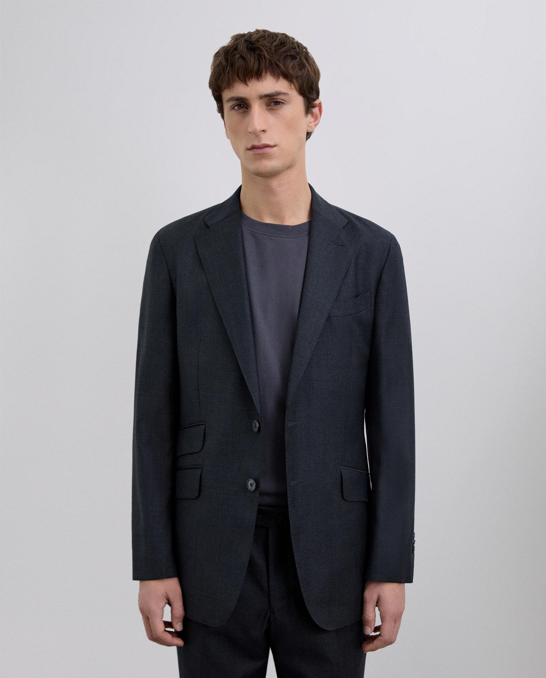 Blazer Regular Fit em Lã Aos Quadrados Cinzento-escuro-1