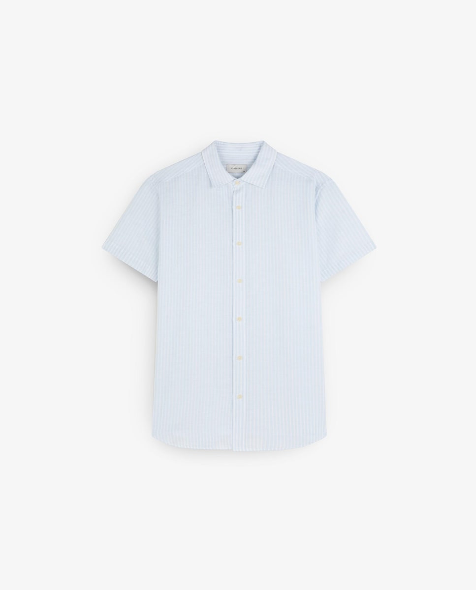 Camisa Regular de Manga Curta com Linho Azul-claro-1