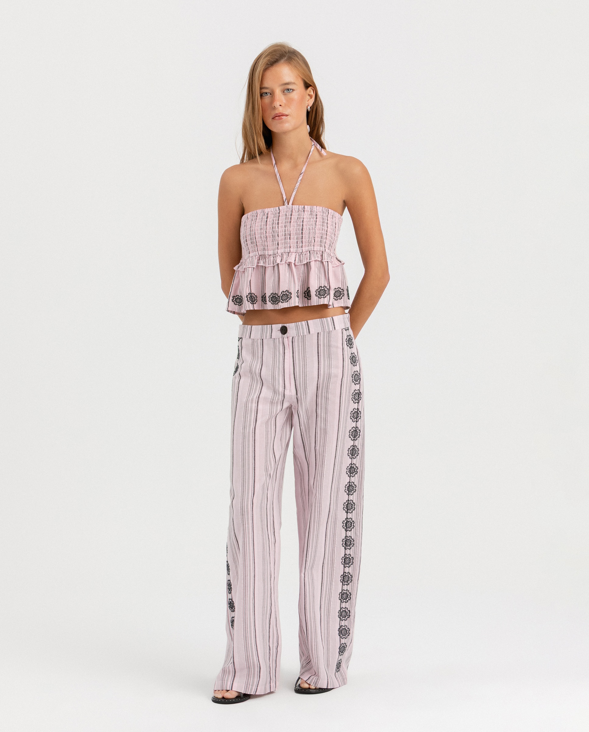Calças com Estampado Às Riscas e Bordado Rosa-claro-3