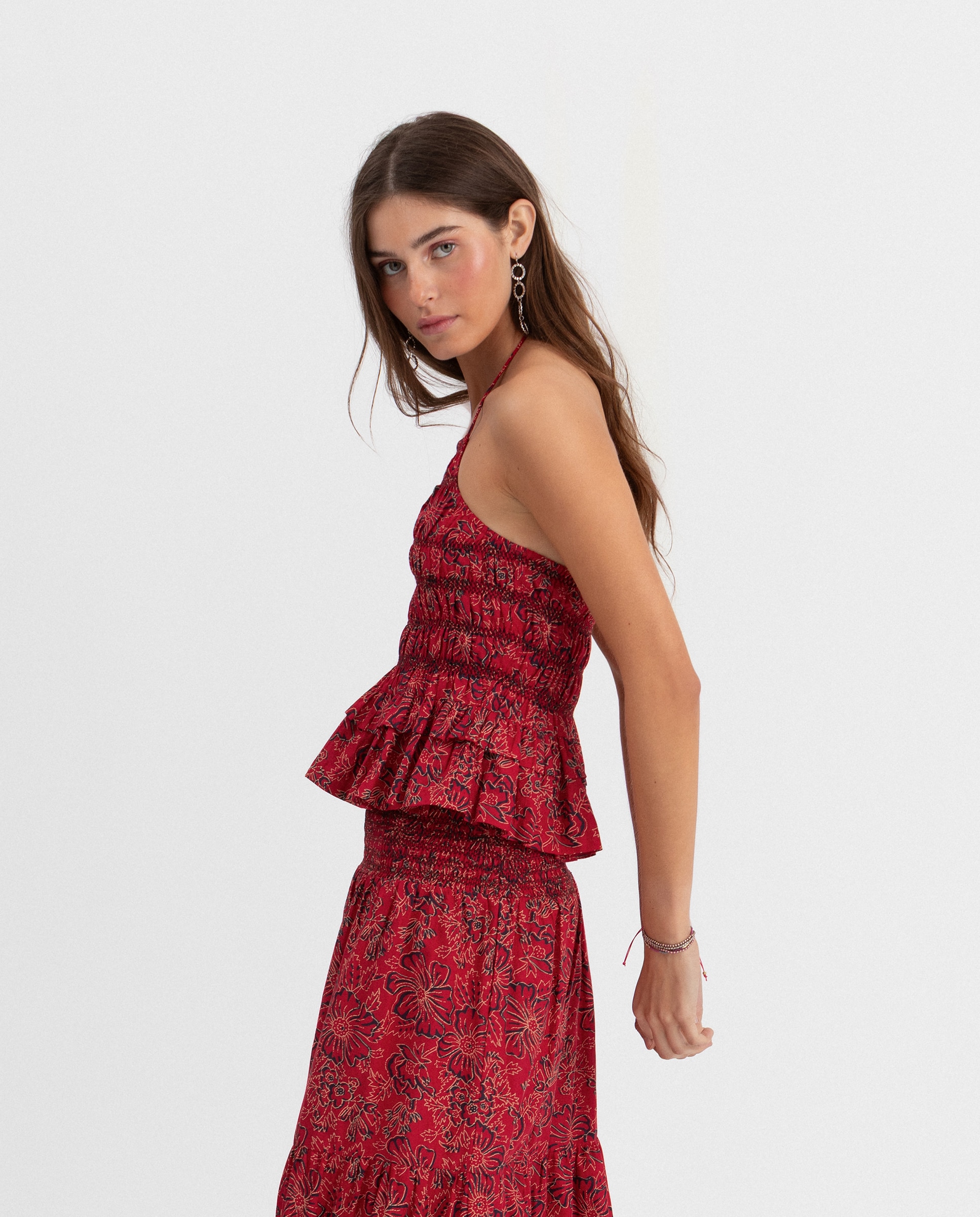 Top Halter com Estampado de Flores Vermelho-3