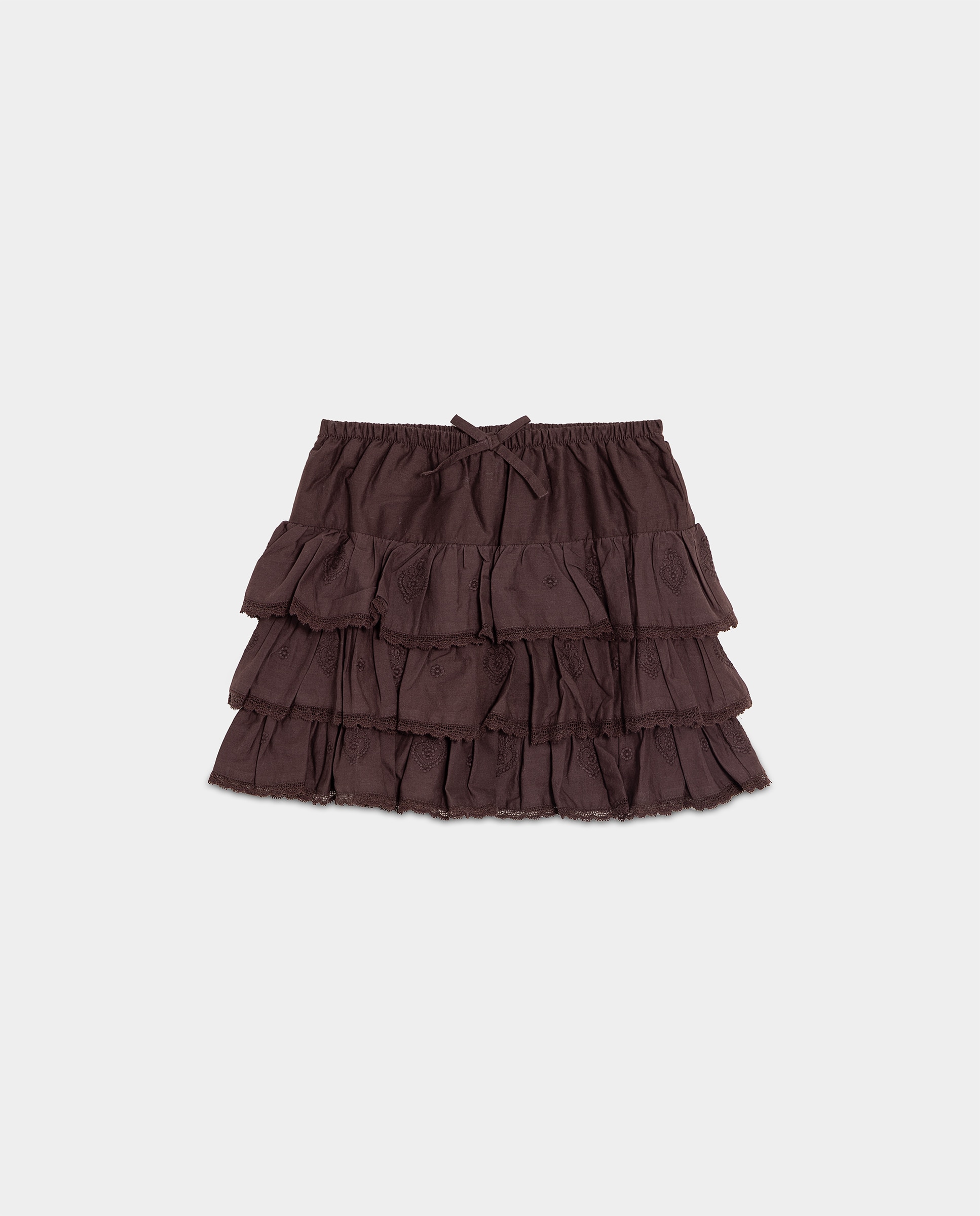 Saia Mini com Folho Triplo Bordado Castanho-5