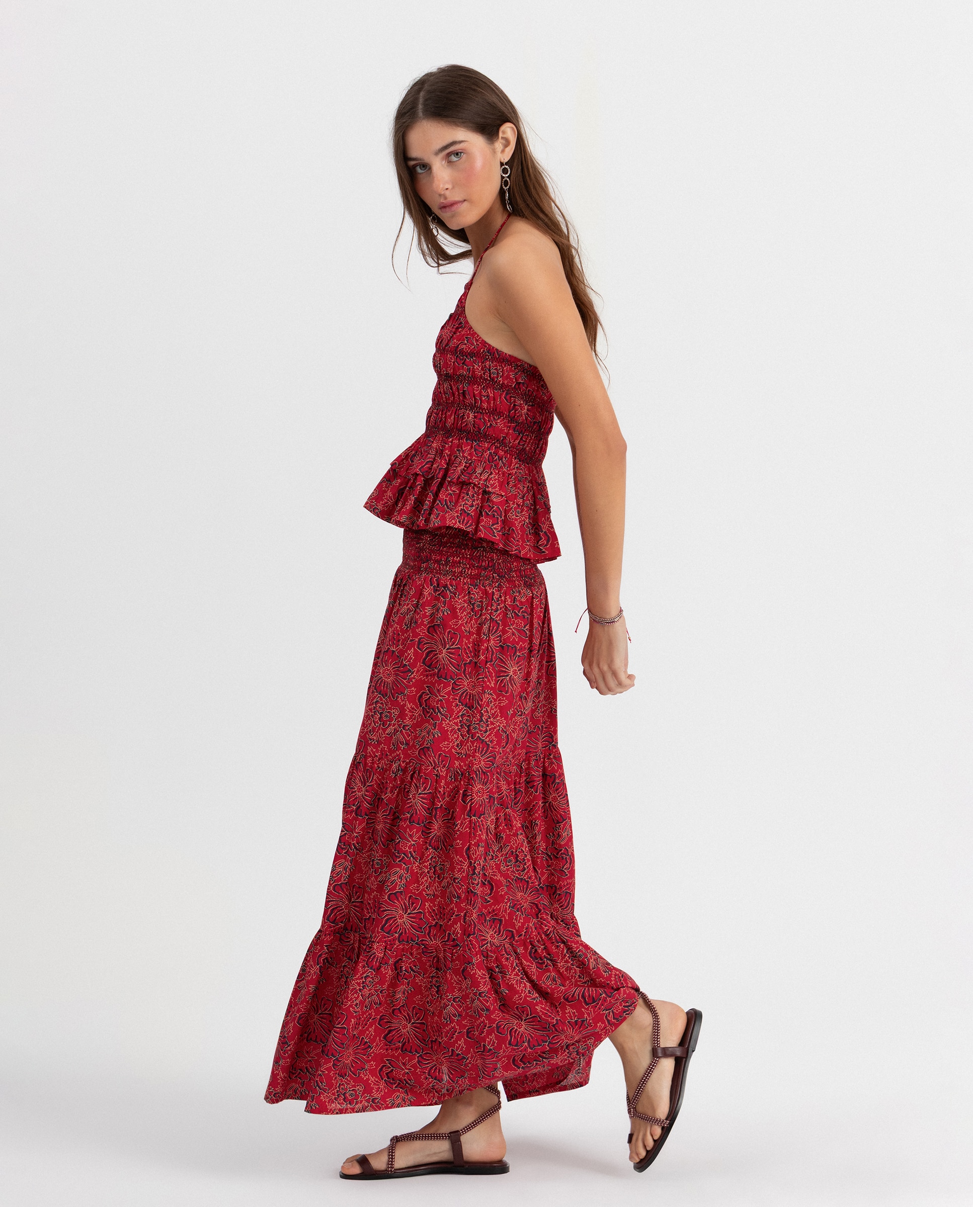 Saia Midi Estampada Flores Vermelho-3