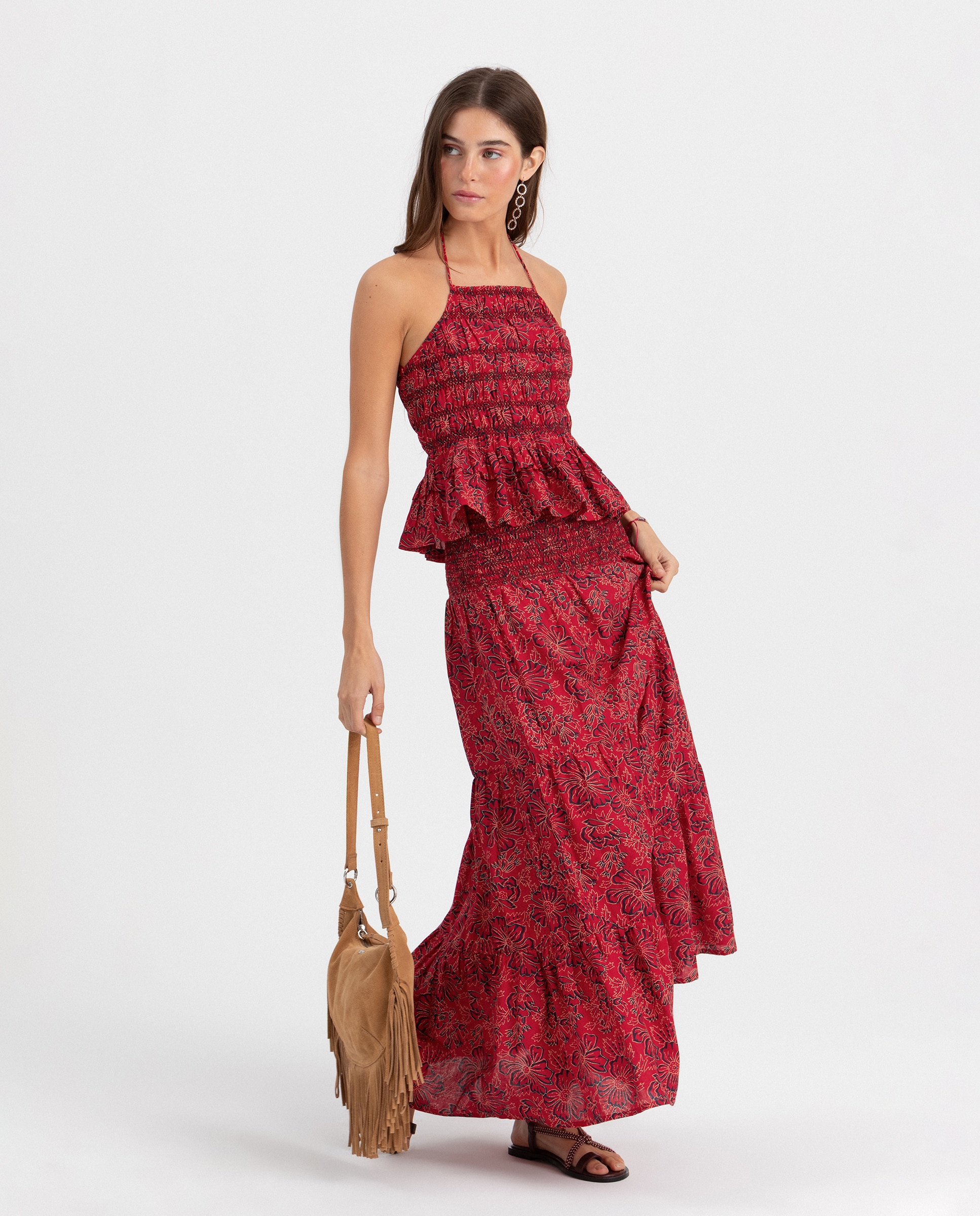Saia Midi Estampada Flores Vermelho-4