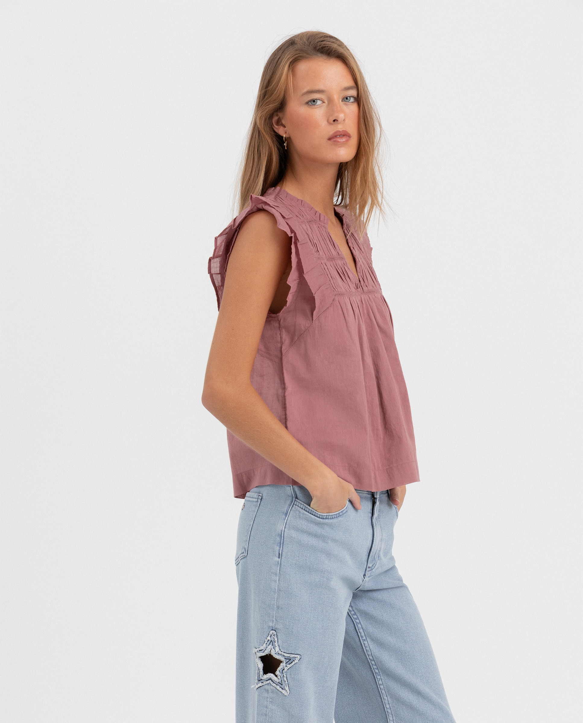 Blusa Fluida sem Mangas Telha-3