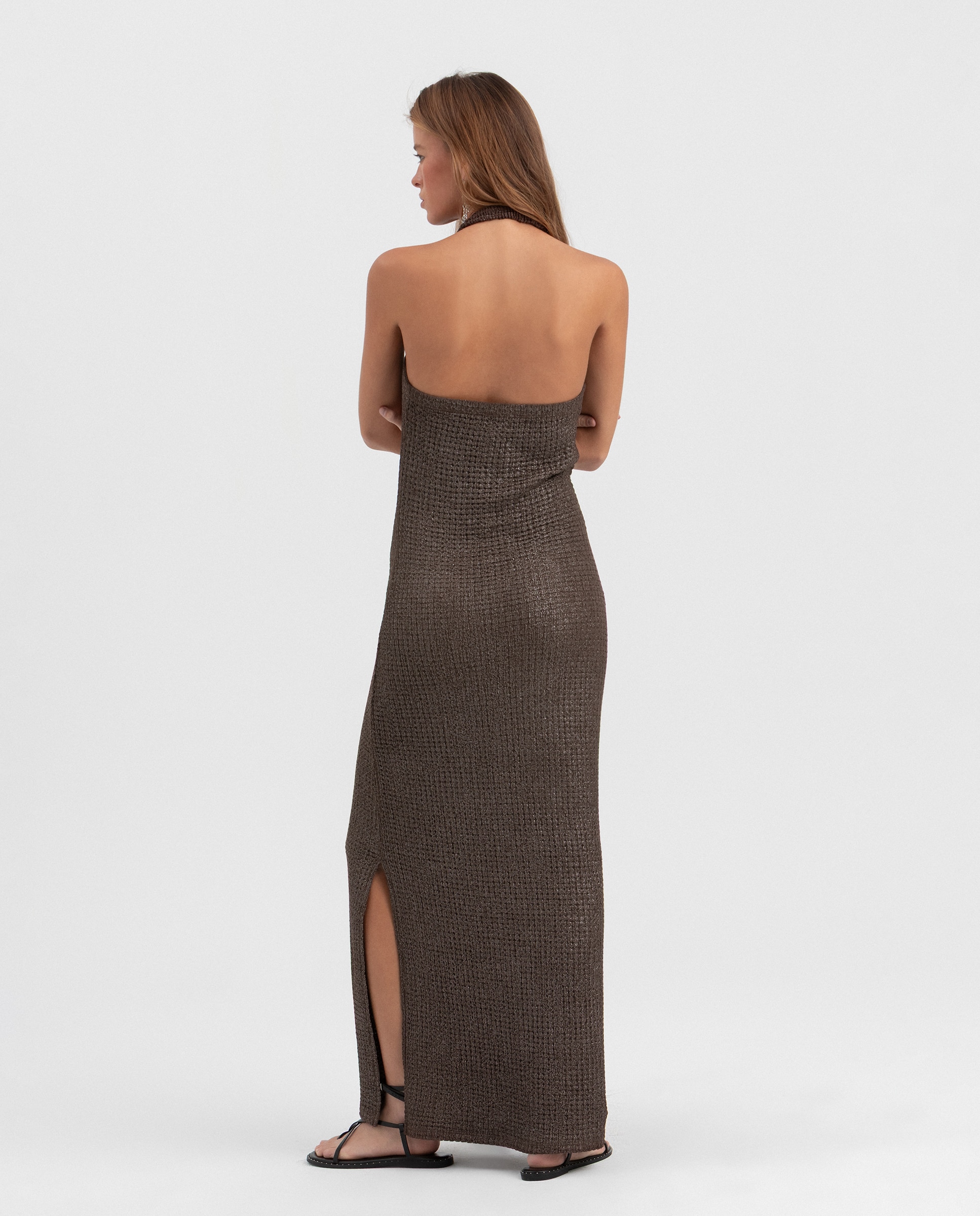 Vestido Comprido com Textura Castanho-2