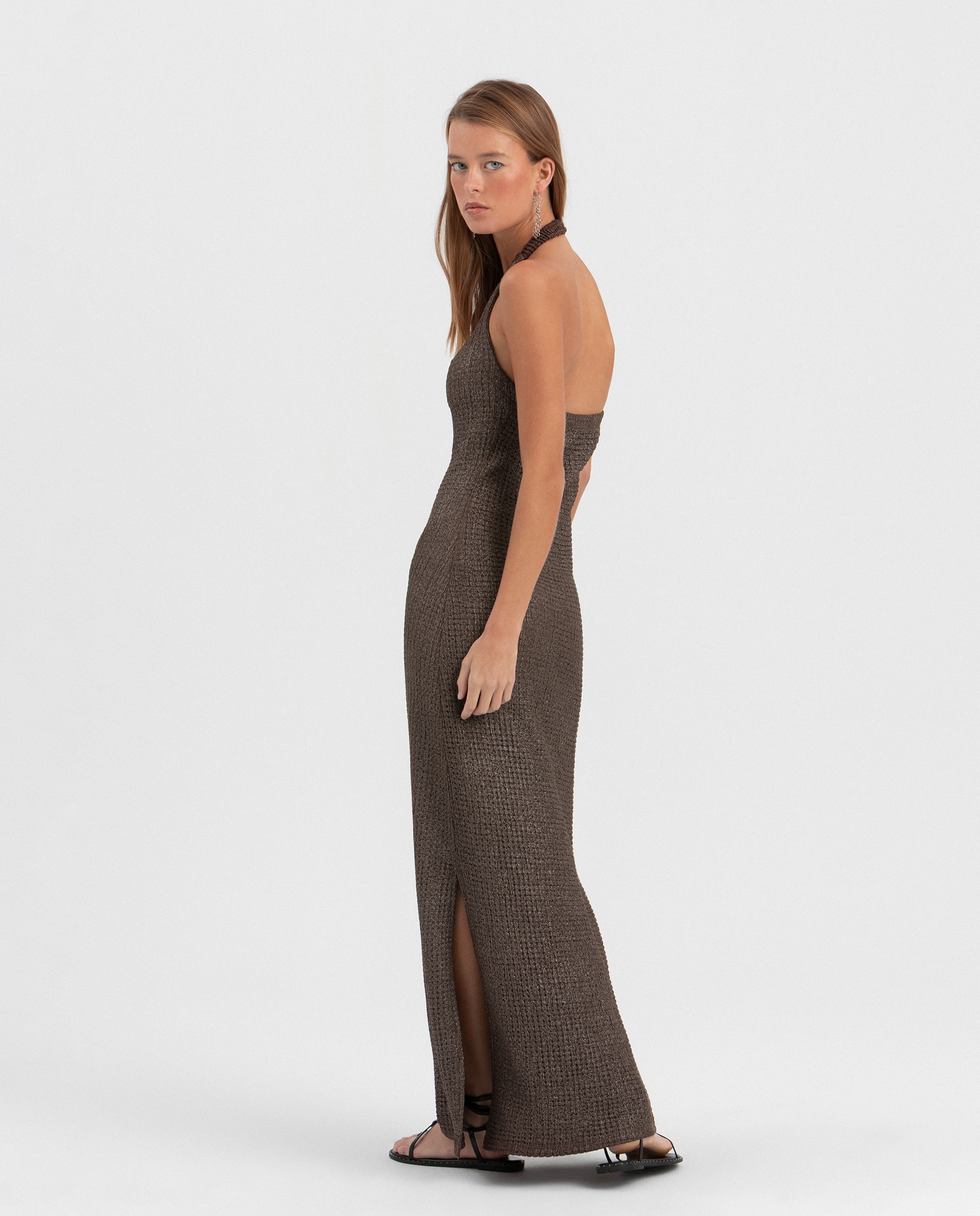 Vestido Comprido com Textura Castanho-3