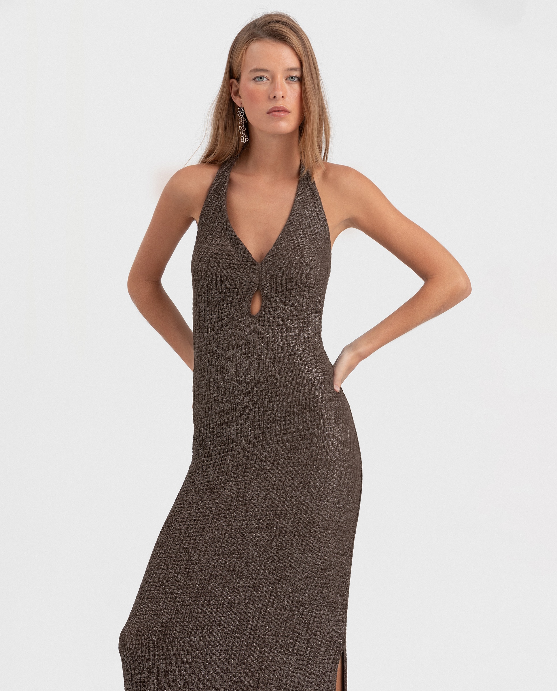 Vestido Comprido com Textura Castanho-4