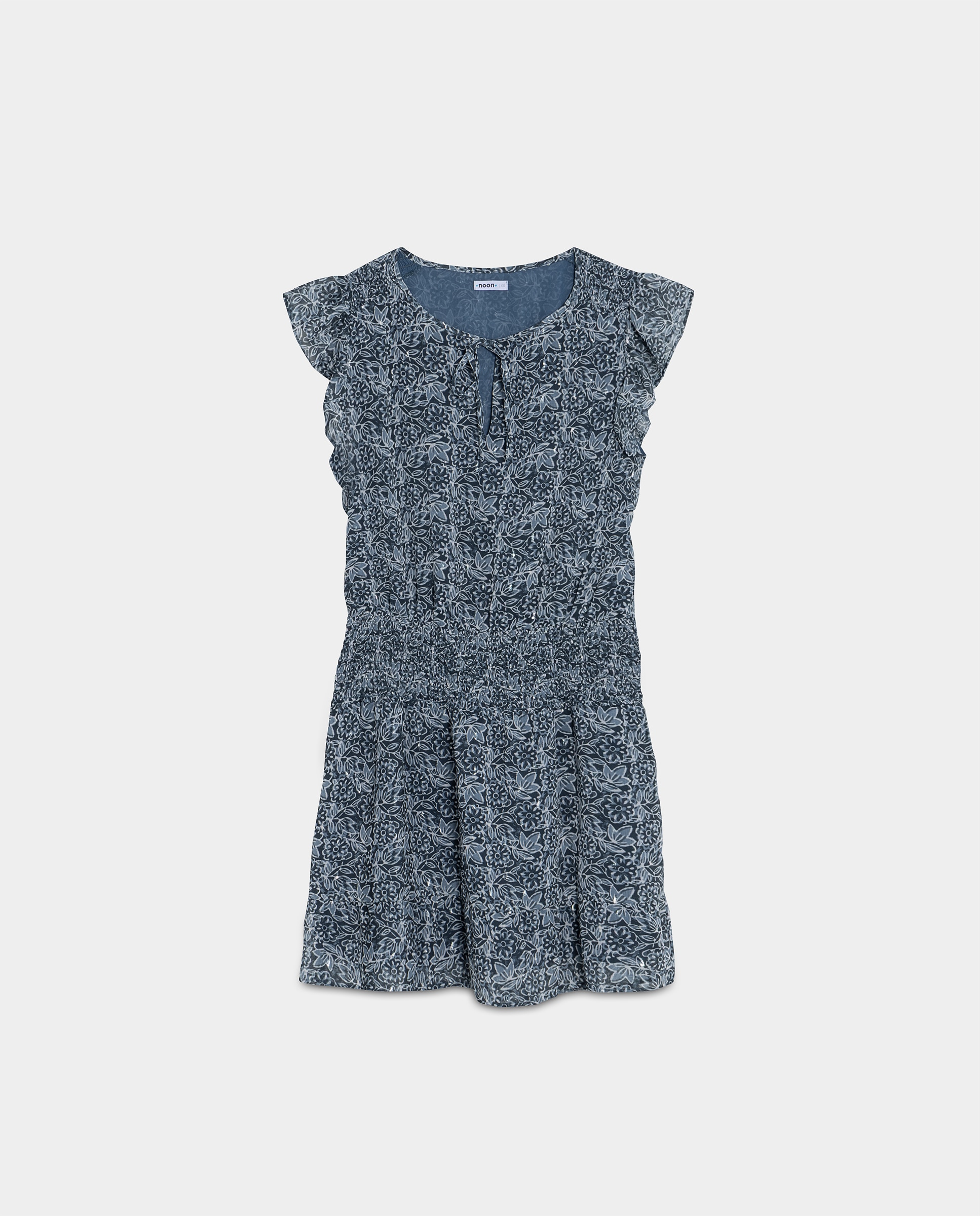 Vestido Mini Estampado com Decote em V Azul / Branco-4