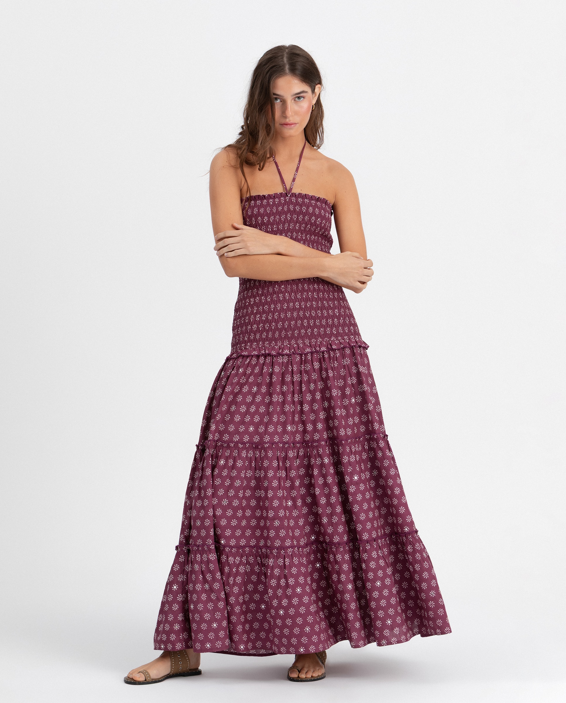 Vestido Midi Estampado Franzido Bordeaux-1