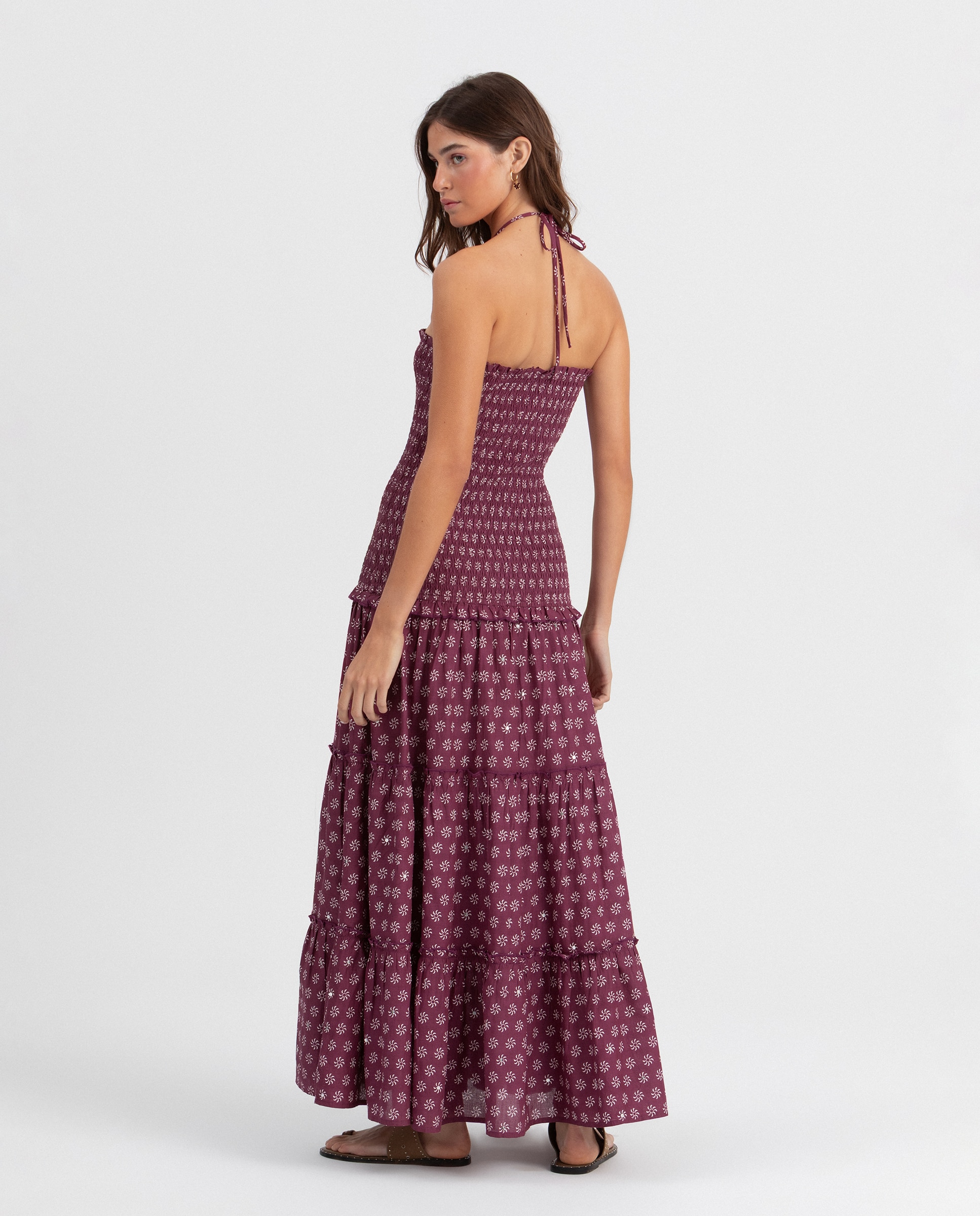 Vestido Midi Estampado Franzido Bordeaux-2